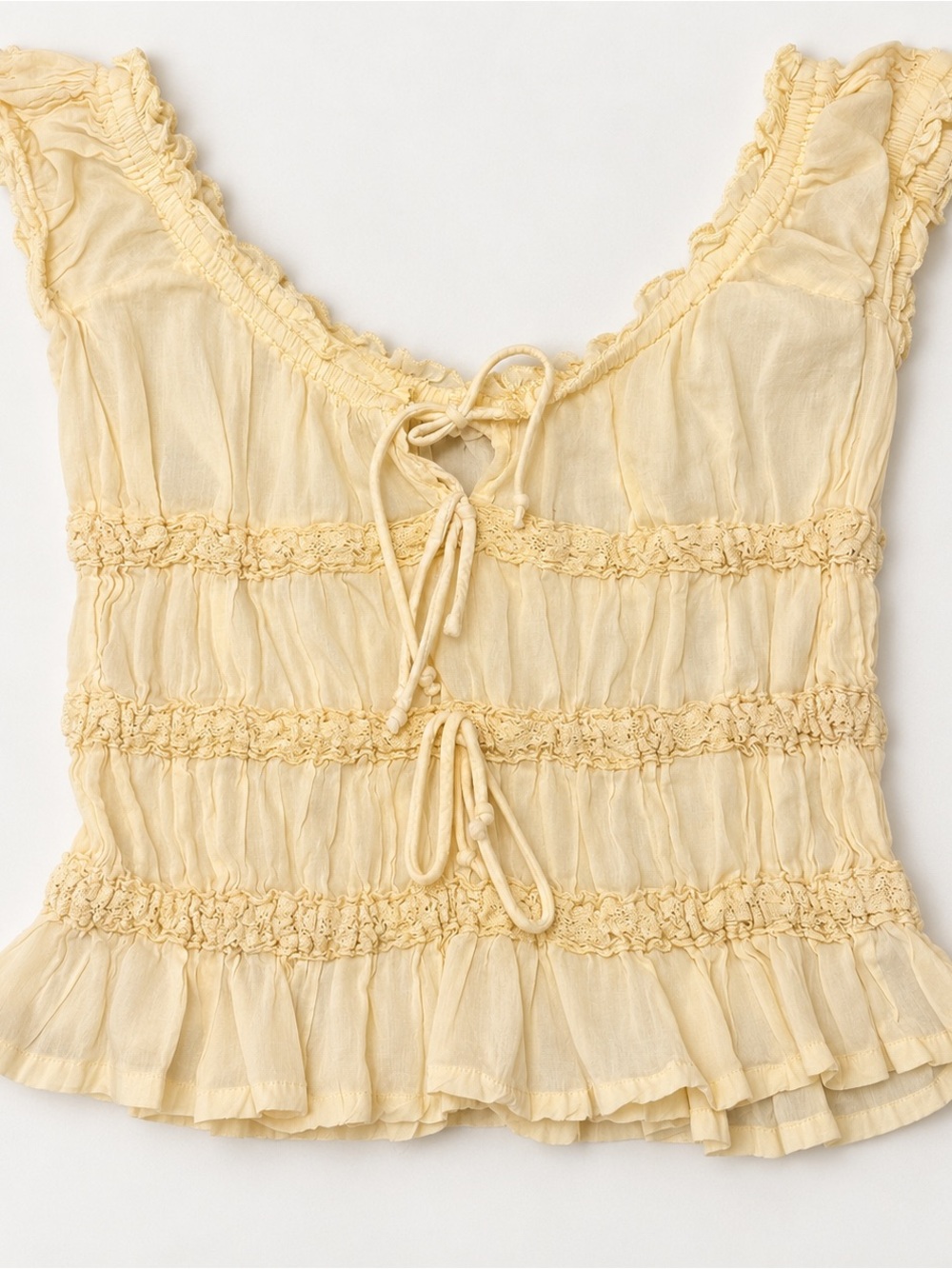 Women's butter yellow ruched Tie-Front Blouse milkmaid